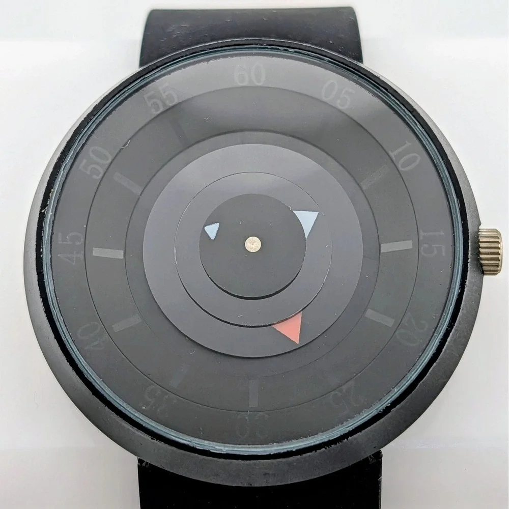 Men's 44mm Black Rotating Disc Mystery Dial Quartz Watch Rubber Strap